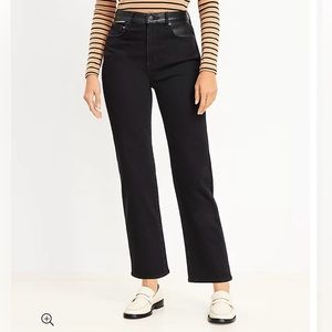 LOFT Faux Leather Trim High Rise Straight Jeans - Black